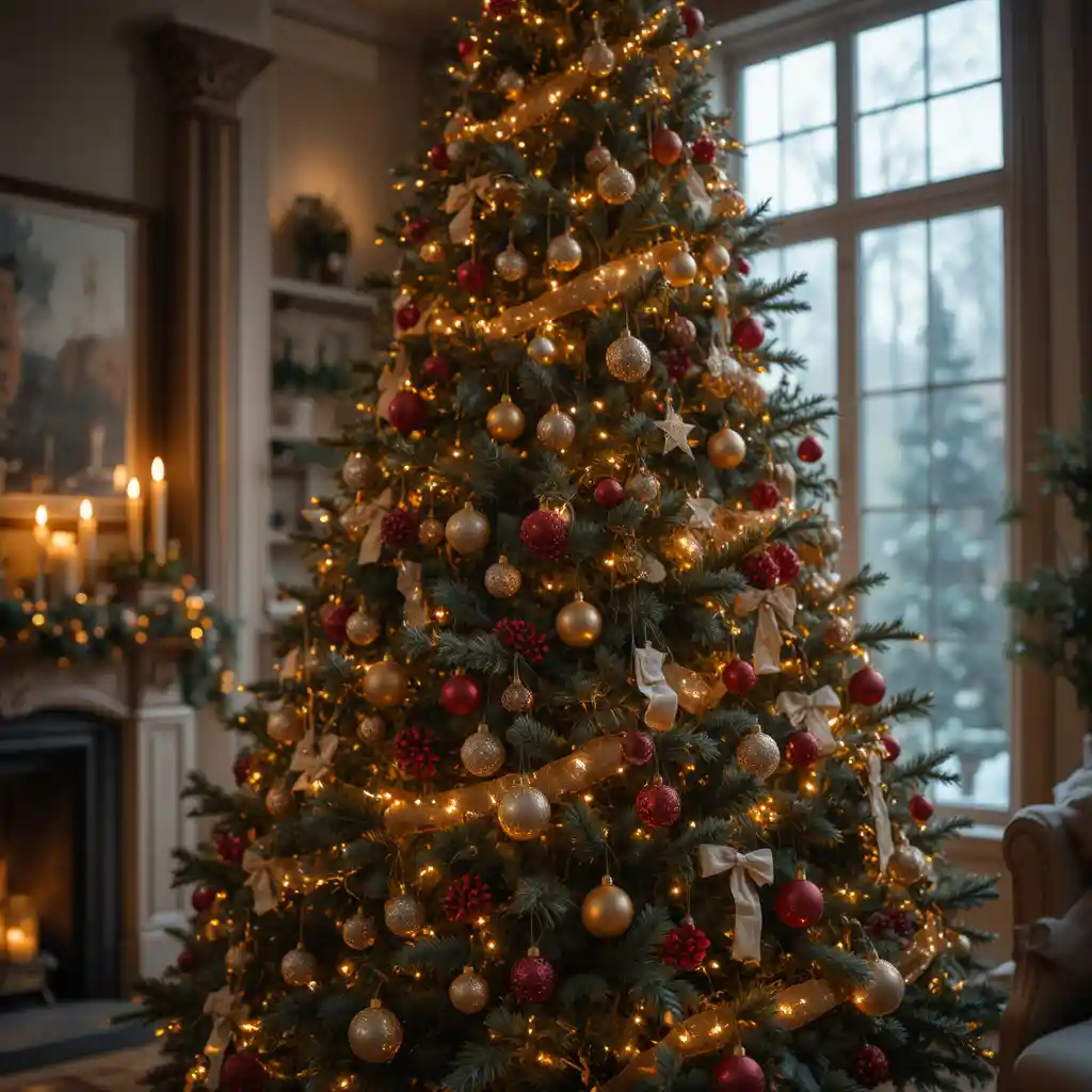 Cozy living room with glowing Christmas tree and candles
