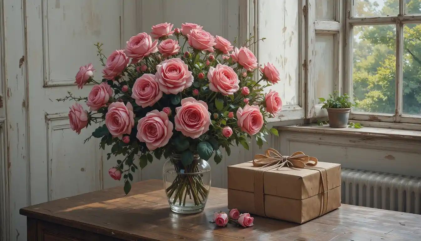 Bouquet di rose rosa e regalo su tavolo di legno rustico
