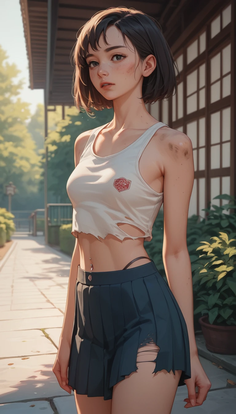Chica de escuela estilo anime recostada en un patio de piedra soleado