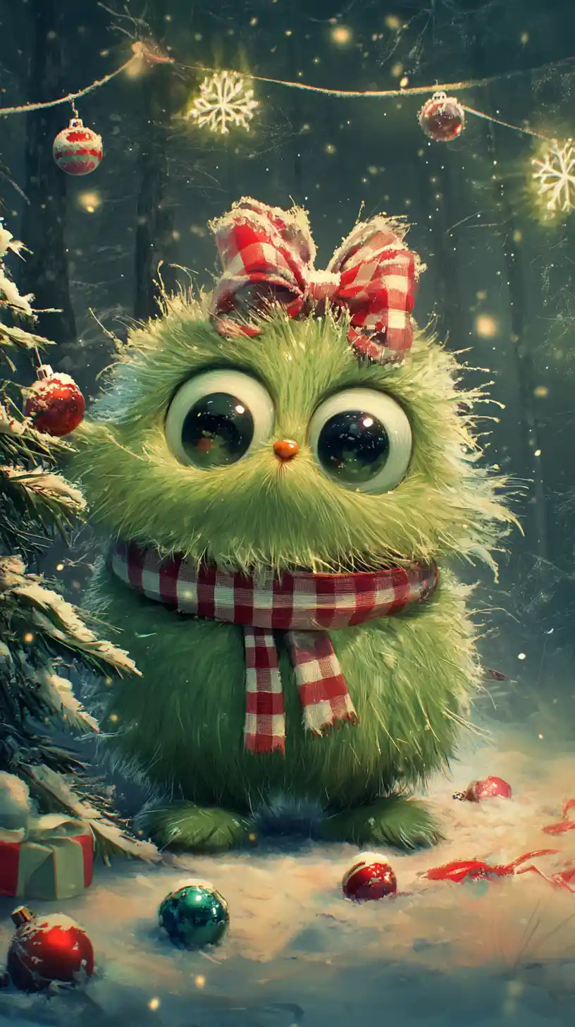 Cute green creature in a festive winter forest night