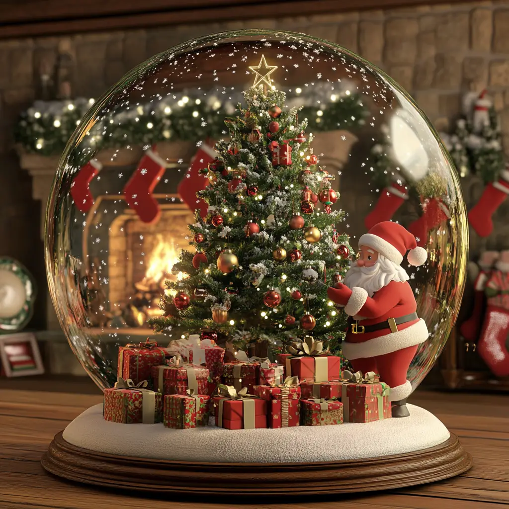 Santa placing gifts under a glowing Christmas tree