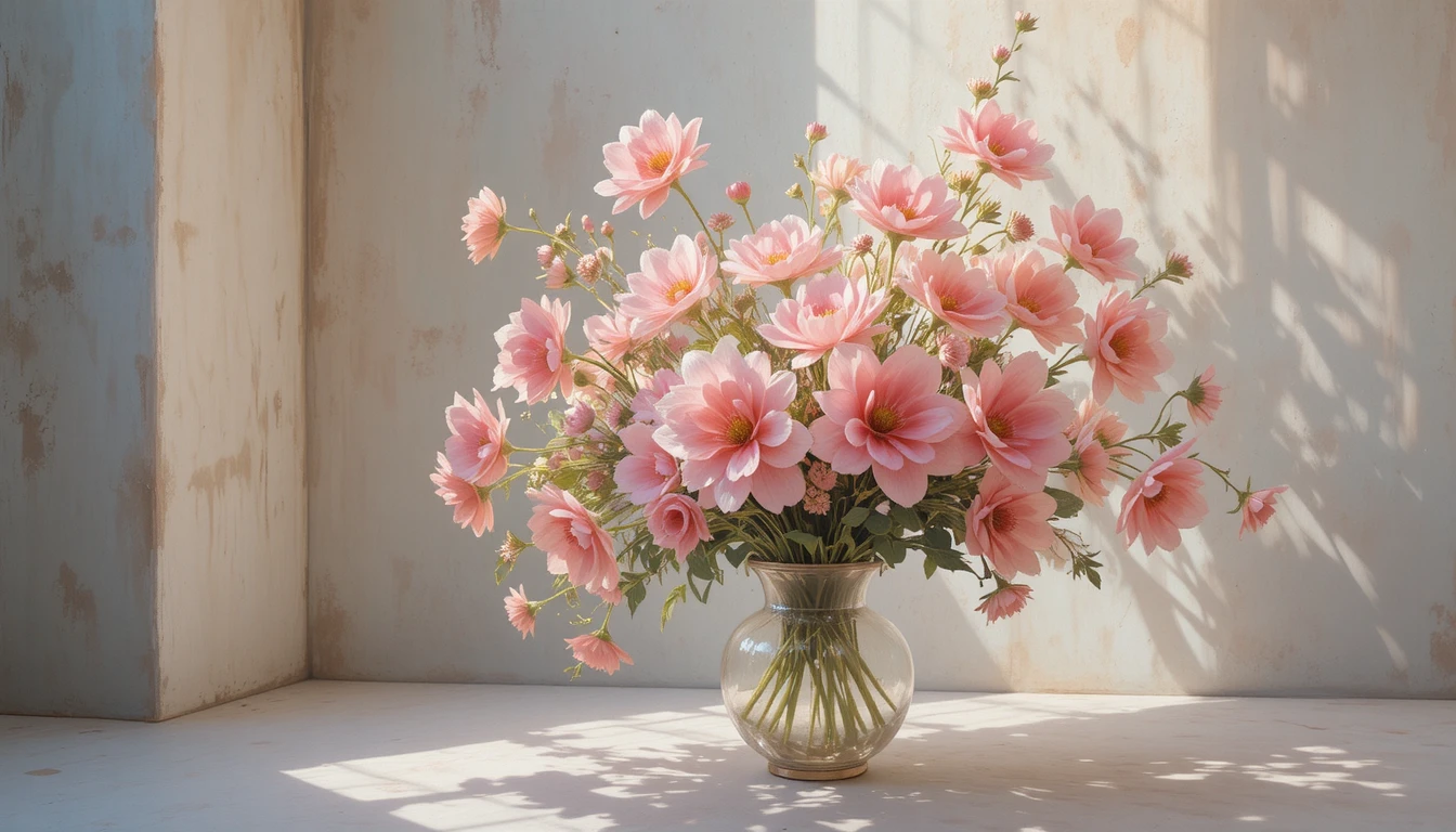 Pastel pink flower still life in dramatic oil painting