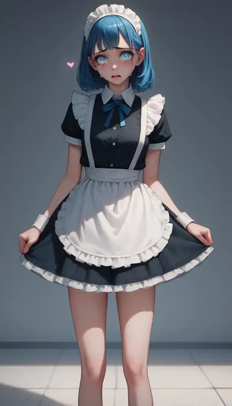Sad anime schoolgirl in maid outfit in classroom