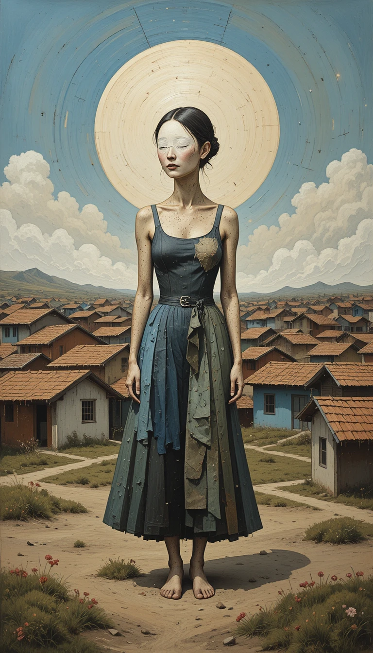Young girl emerging from earthy abstract rural landscape