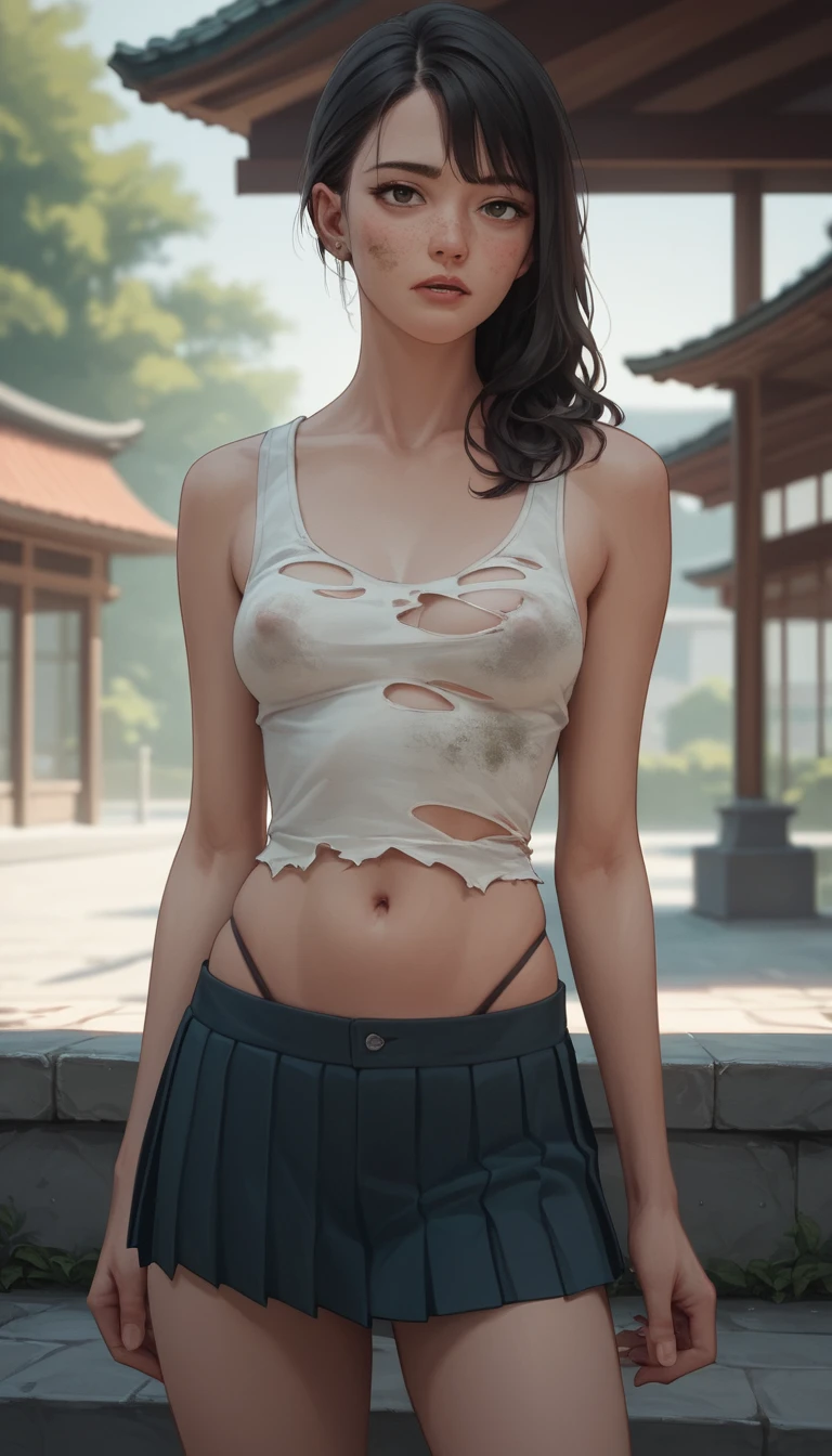 Chica escolar de anime descansando en un luminoso patio de piedra