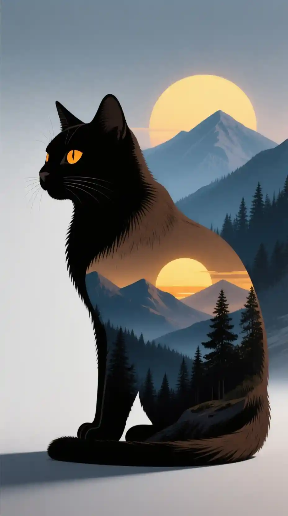 Conceptual cat silhouette merging with tranquil mountain landscape