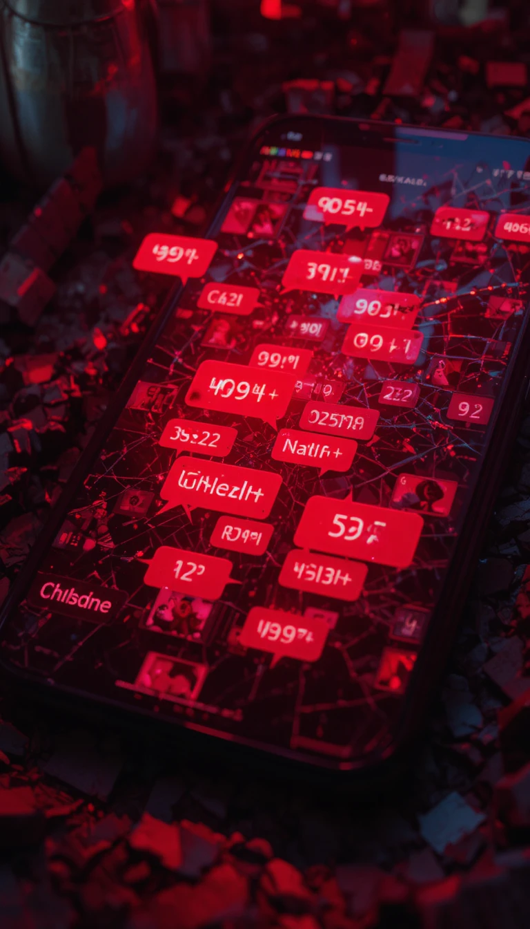Zerbrochener Smartphone-Bildschirm voller roter Alarmblasen