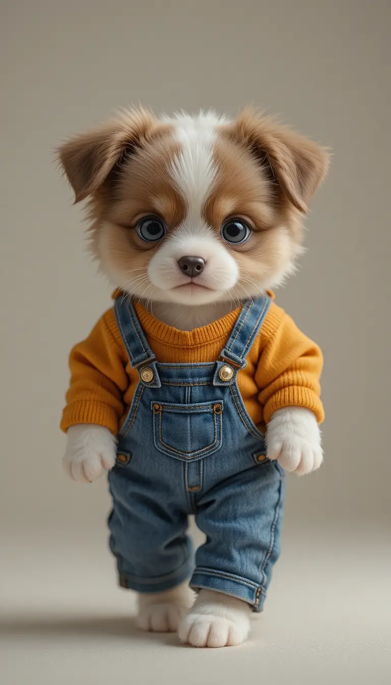 Cute puppy in tiny clothes walking on simple background