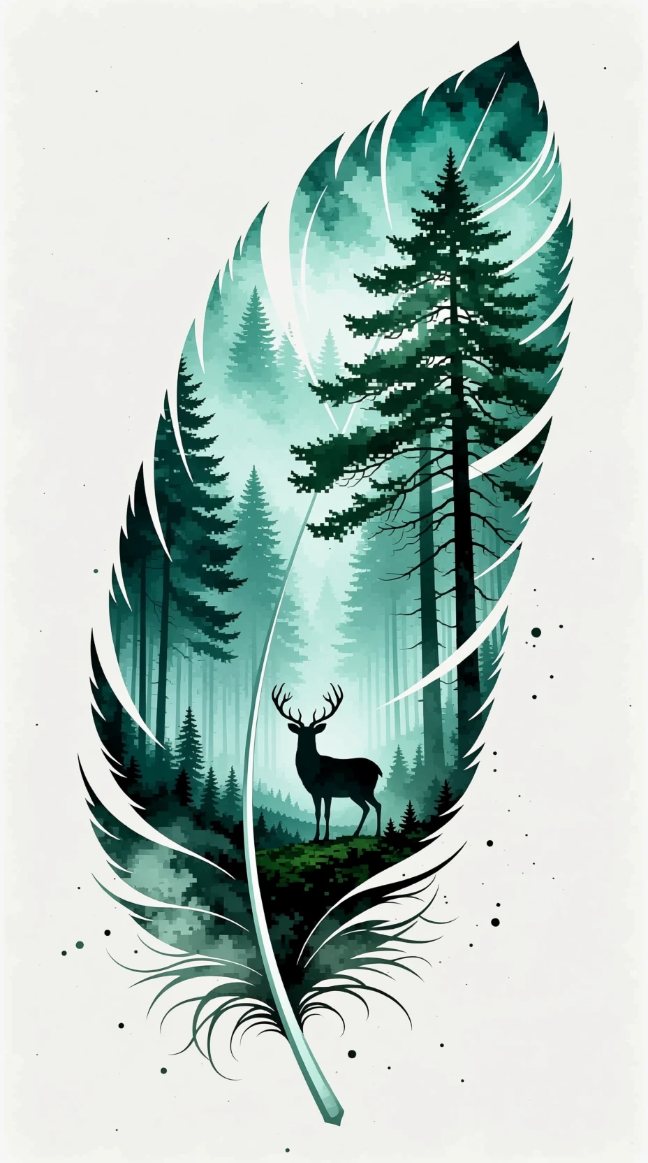 Watercolor feather with foggy forest and deer silhouette