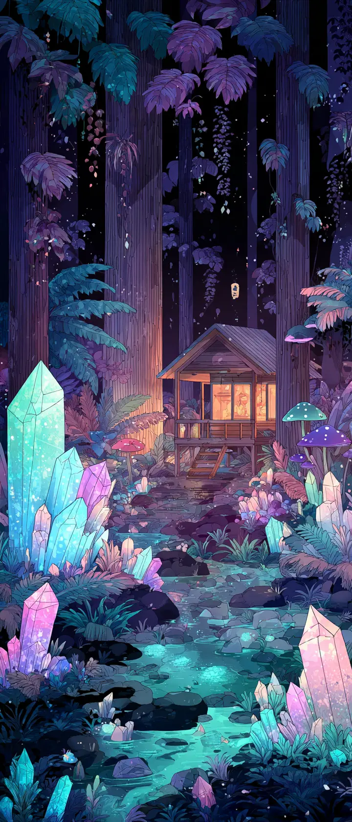Mystical Forest Of Glowing Crystals And Gentle Spirits