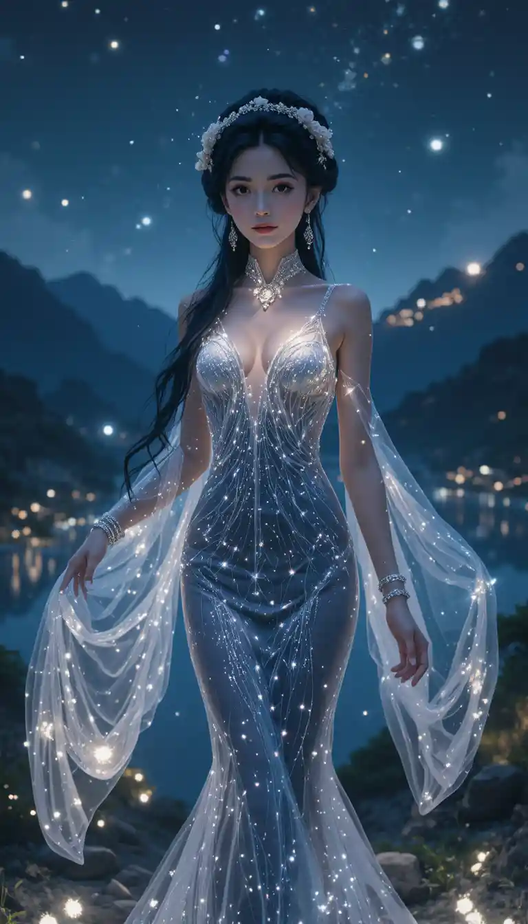 Elegante Fantasy-Frau an einem leuchtenden Bergsee in der Nacht