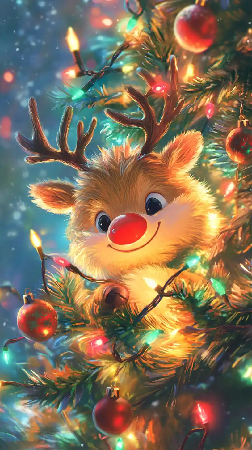 Renna giocosa avvolta nelle luci di Natale e nel filo argentato