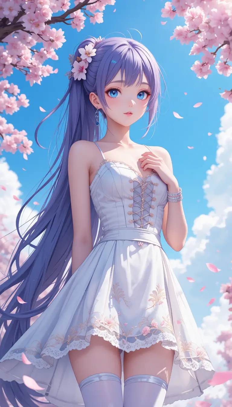 Anime girl in white dress under blue sky with blossoms
