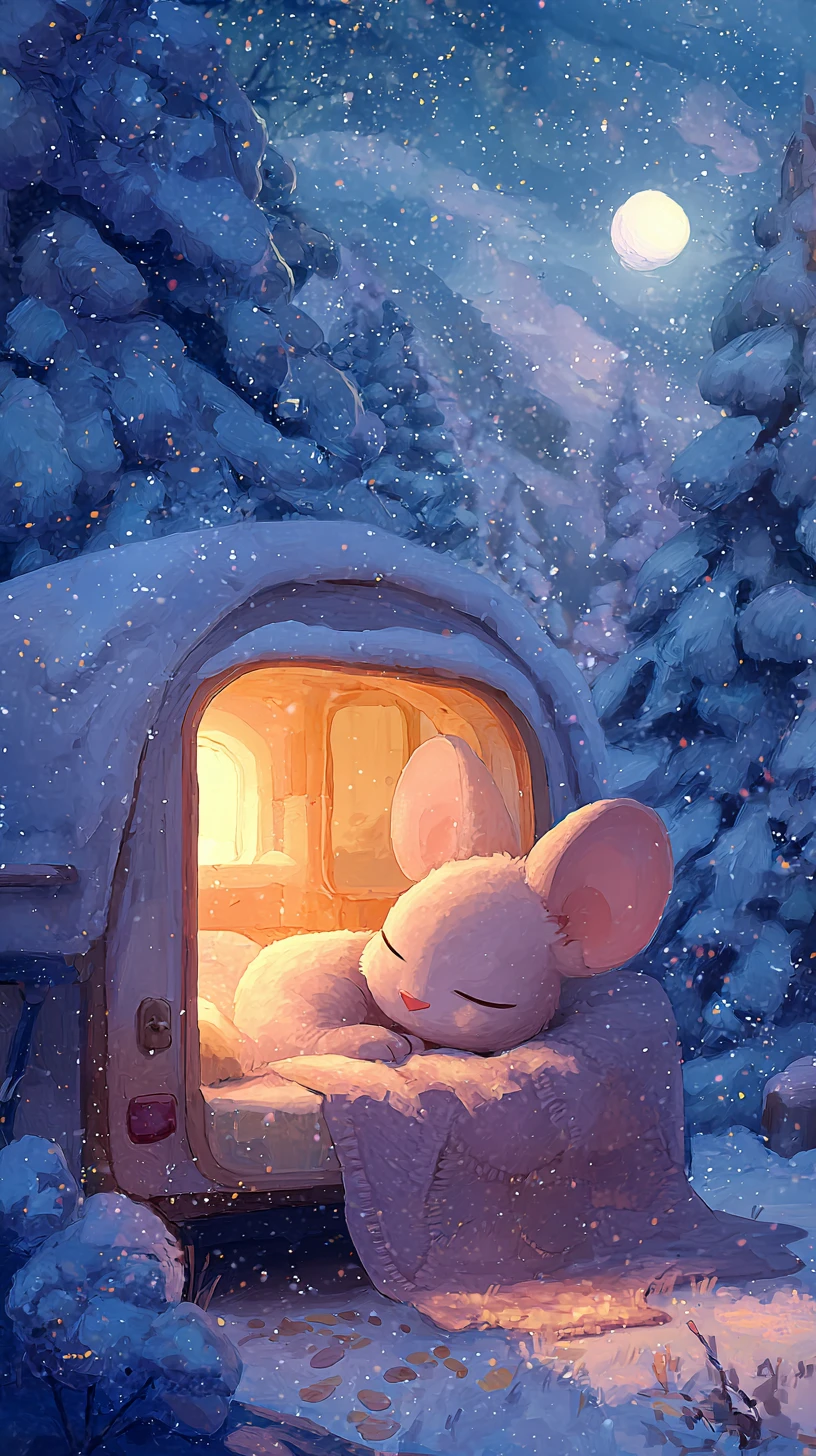Süße Maus schläft in einem gemütlichen Wohnwagen in einer verschneiten Nacht