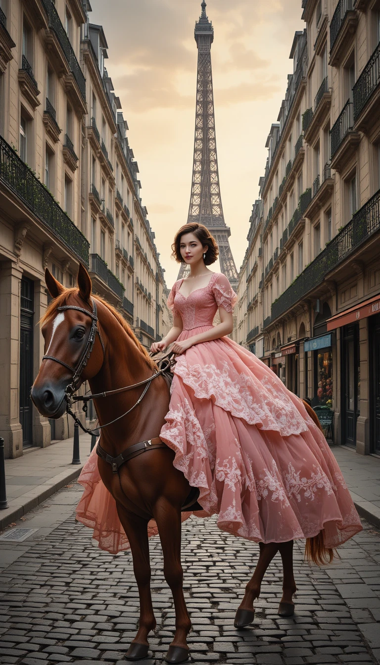 Woman in pink gown riding a horse through Paris street
