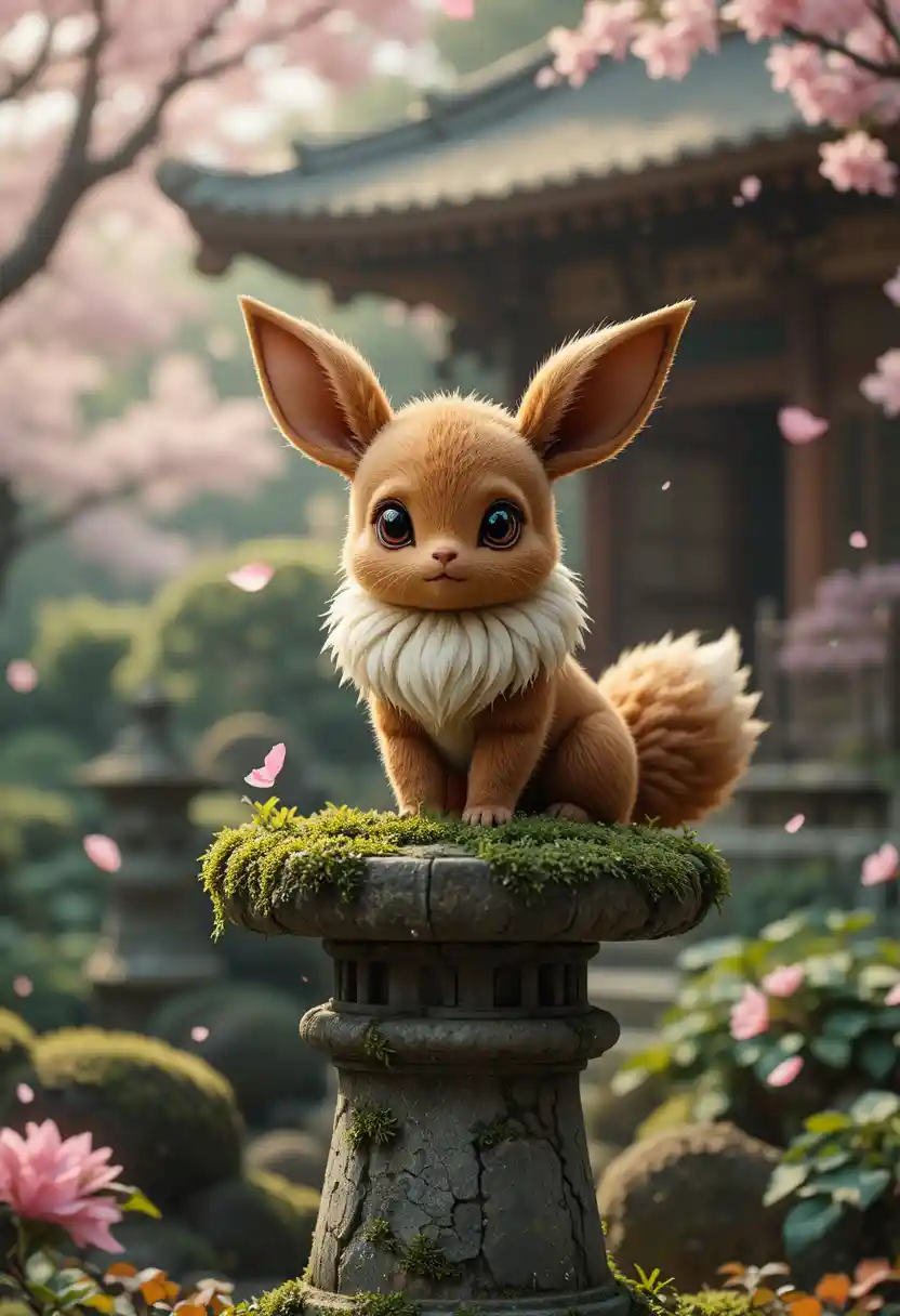 Adorable créature fantastique sur lanterne de pierre dans un jardin japonais