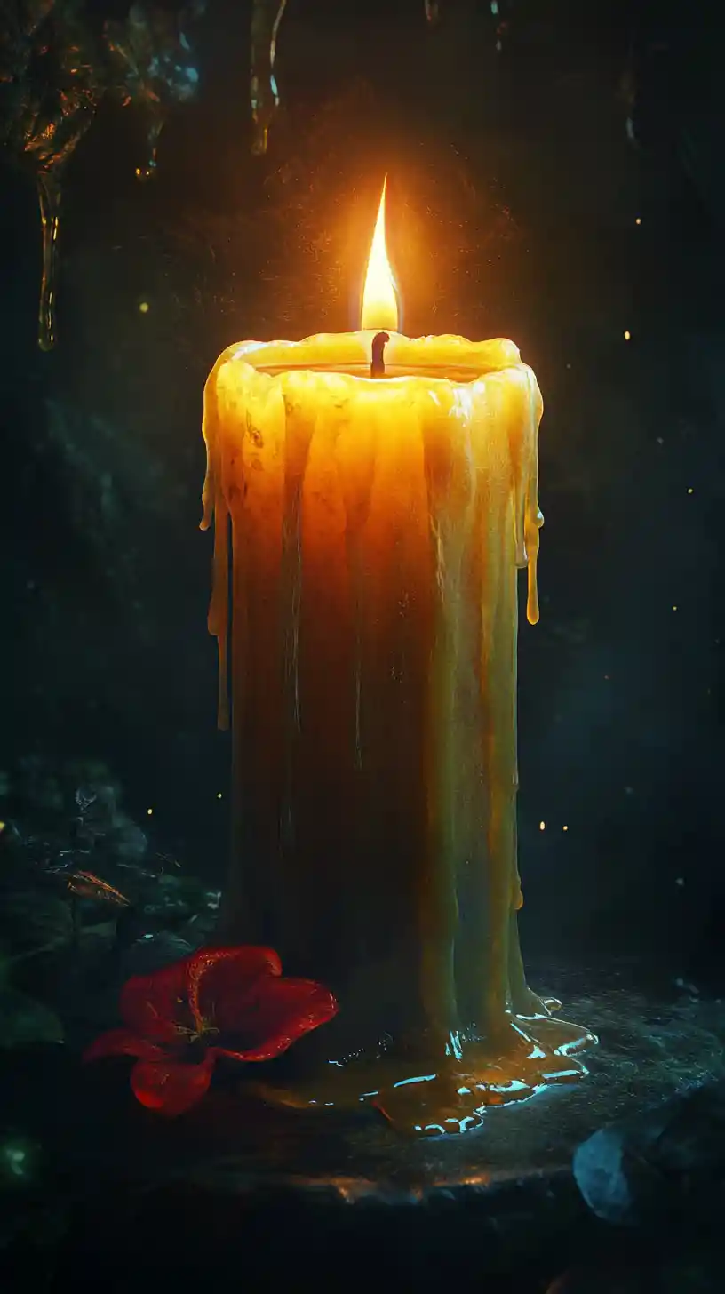 Bougie gothique avec fleur rouge dans un décor de fantasy sombre