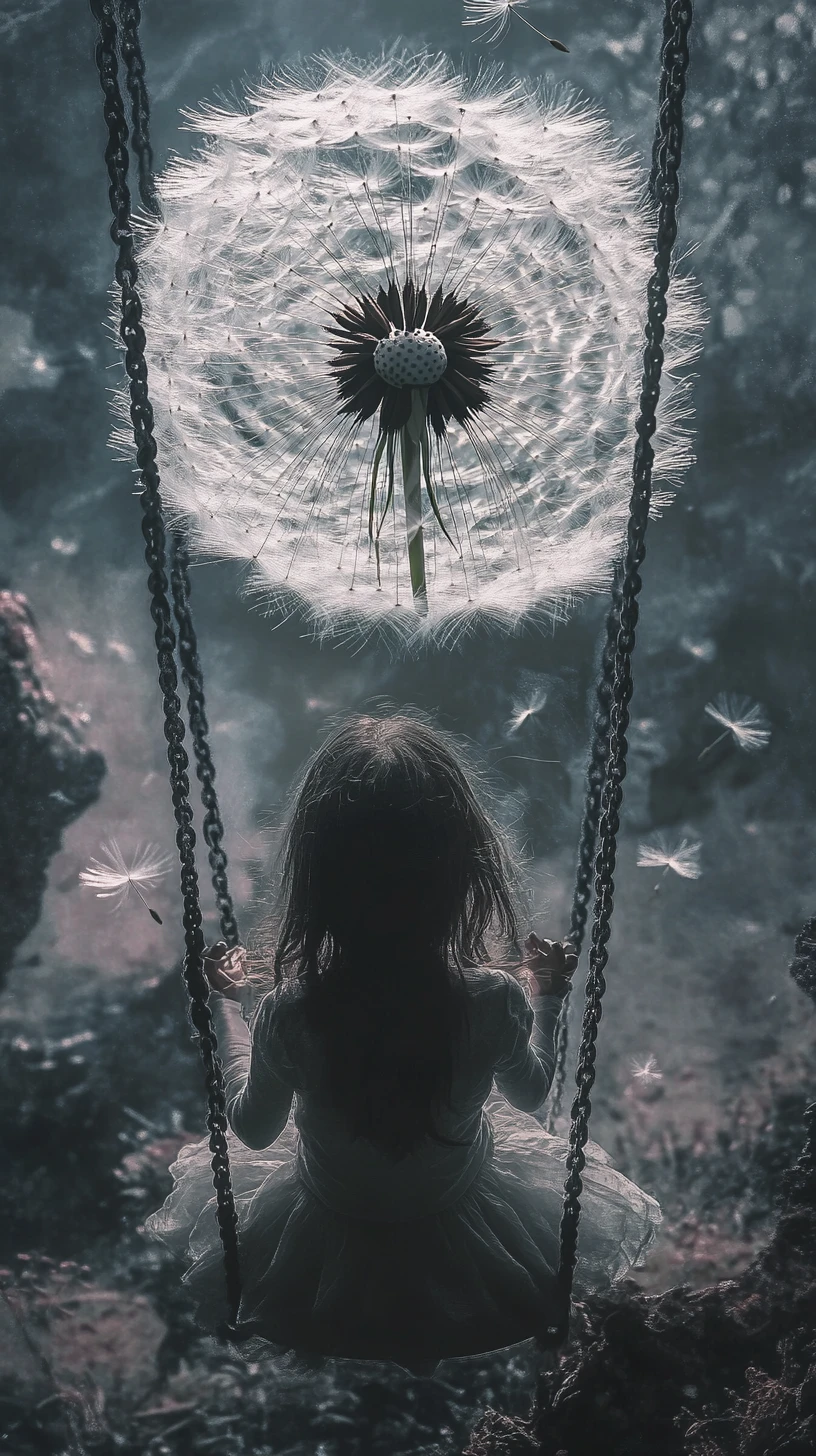 Sad girl on a swing with floating dandelion in fantasy scene