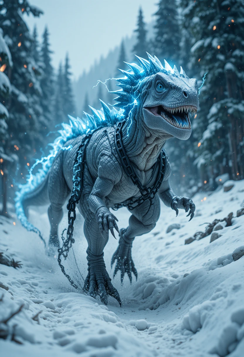 Due raptor incatenati che sfrecciano in una foresta montana innevata