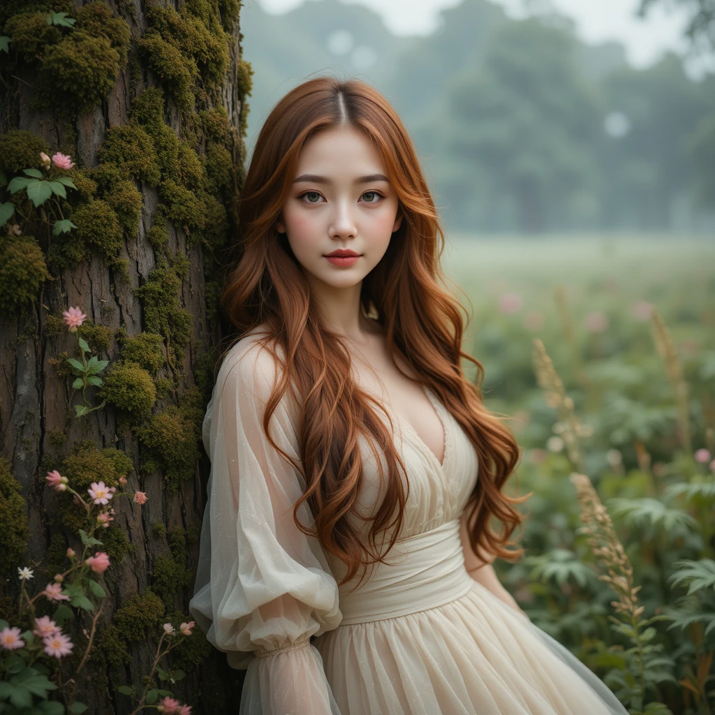 Korean woman in ivory gown leaning by a mossy tree