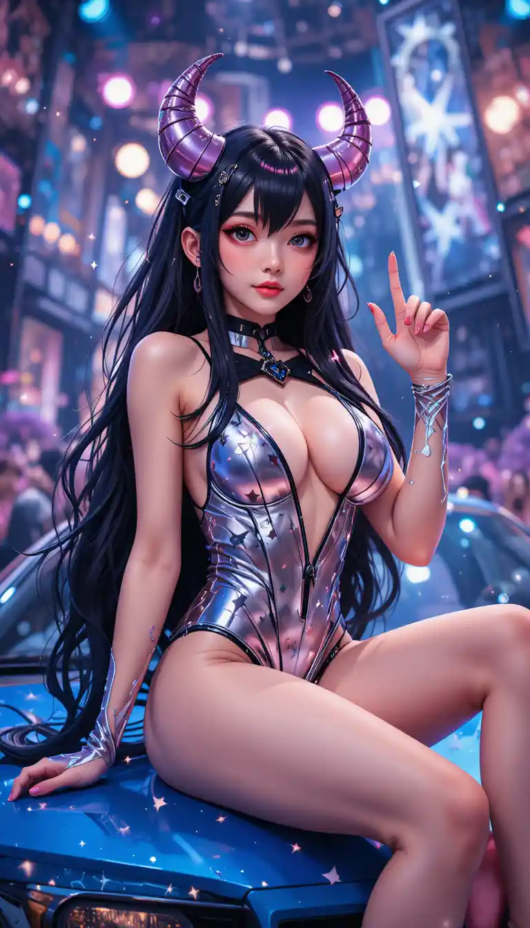 Horned anime woman posing on blue car on stage