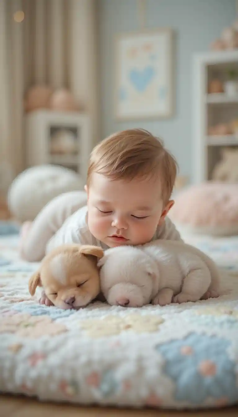 Sleeping baby and puppy on a cozy play mat