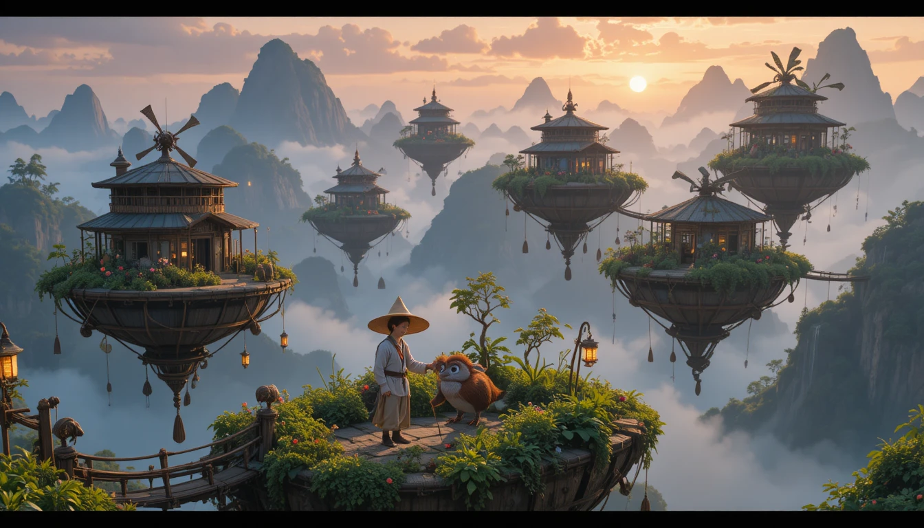 Giovane contadino che cura giardini su isole fluttuanti fantasy