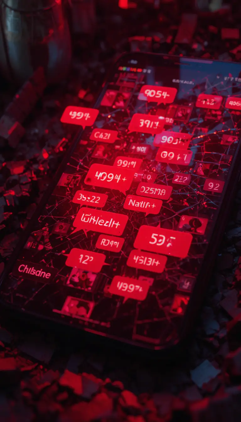 Cracked Smartphone Screen Flooded With Red Alert Bubbles