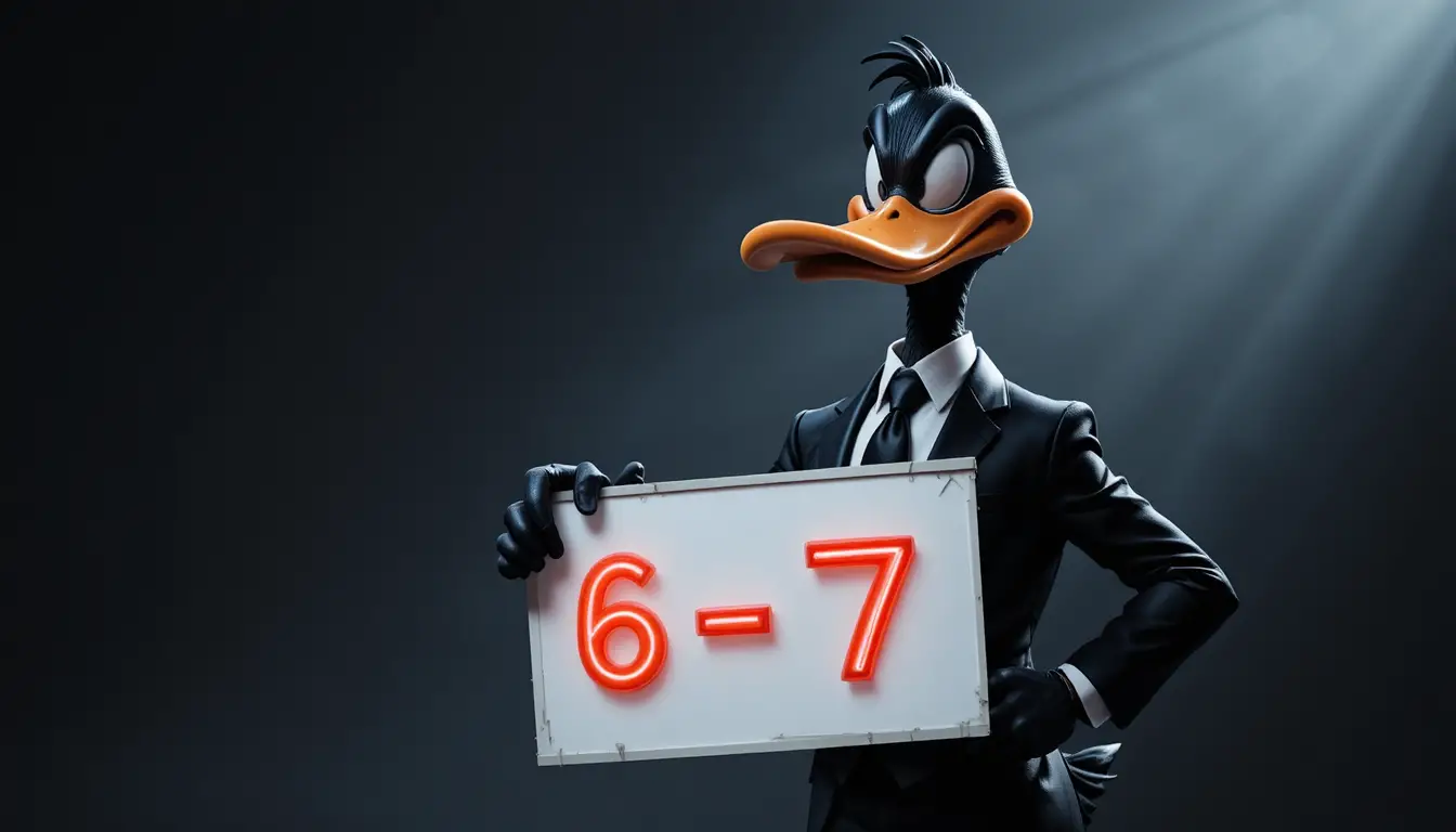 Cartoon duck in black suit holding glowing neon sign