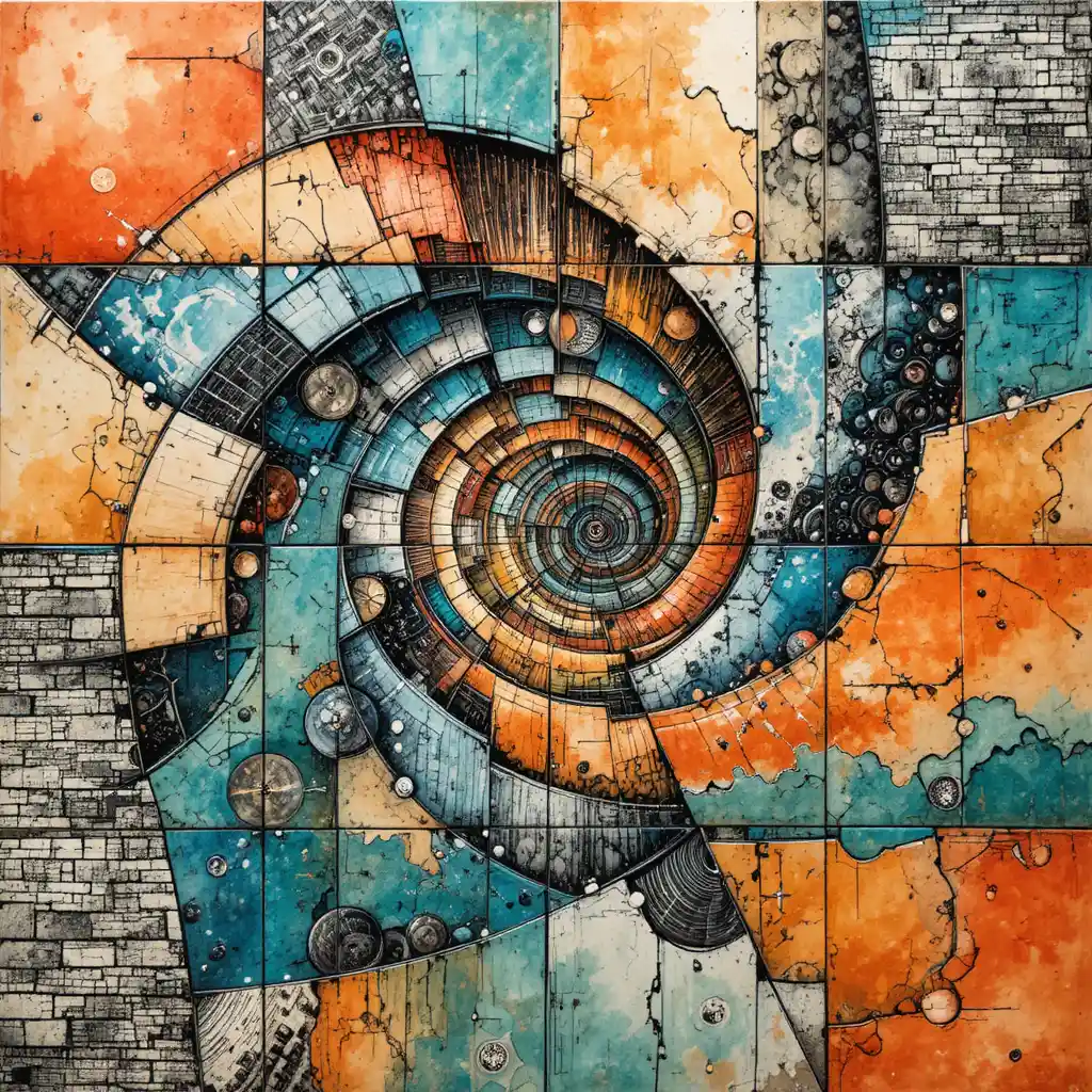 Azulejos geométricos em espiral formando um vórtice cósmico