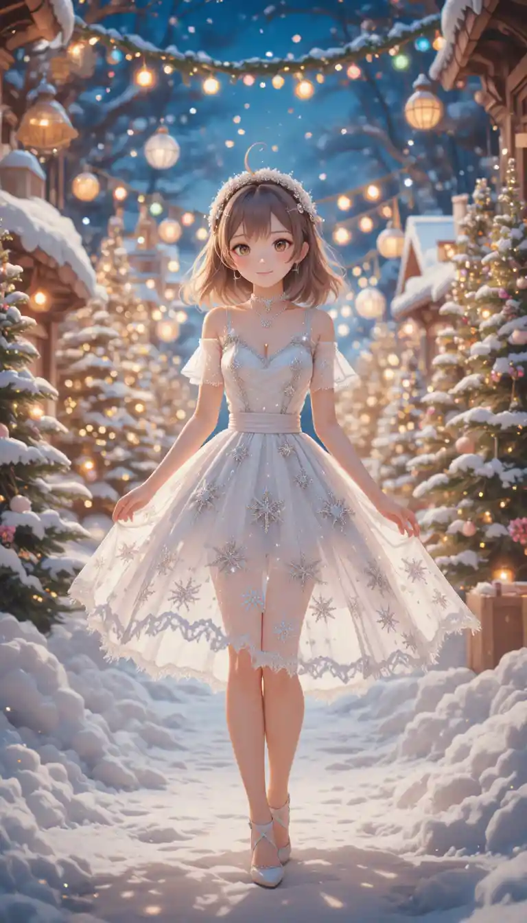 Fröhliches Anime-Mädchen im Schnee mit leuchtenden Weihnachtslichtern