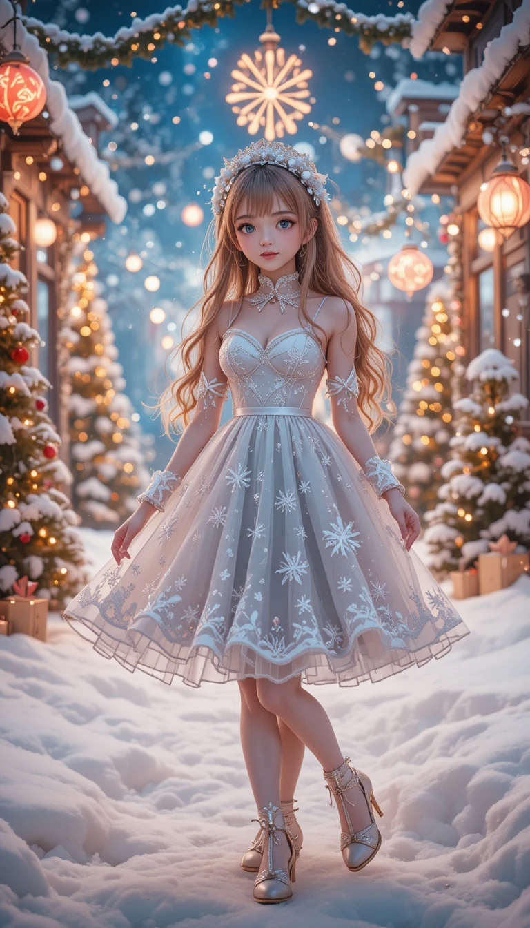 Cheerful anime girl in a snowy Christmas lights scene