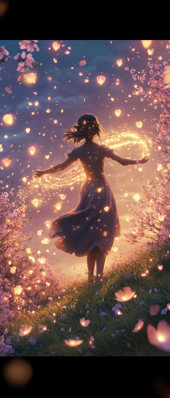 Woman embracing the wind on a glowing cherry blossom hill