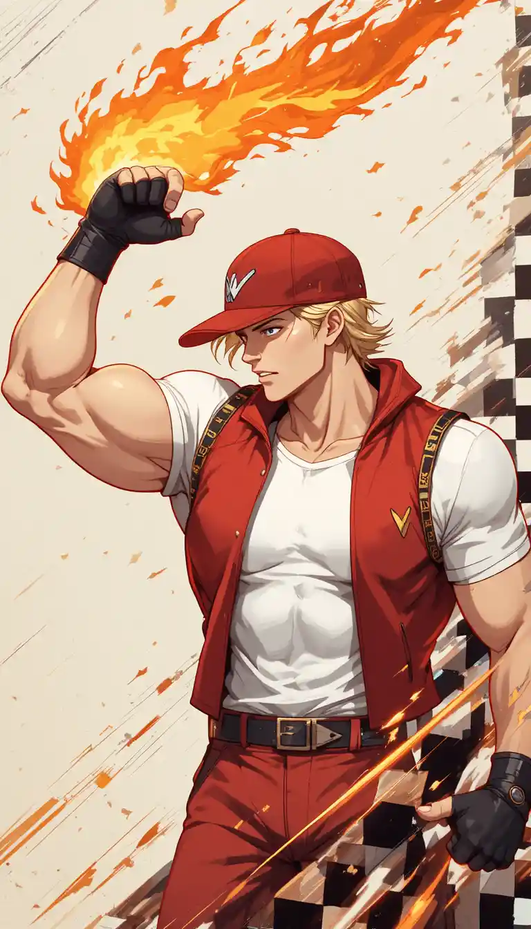 Muscular fighter with flaming arm in dynamic red outfit