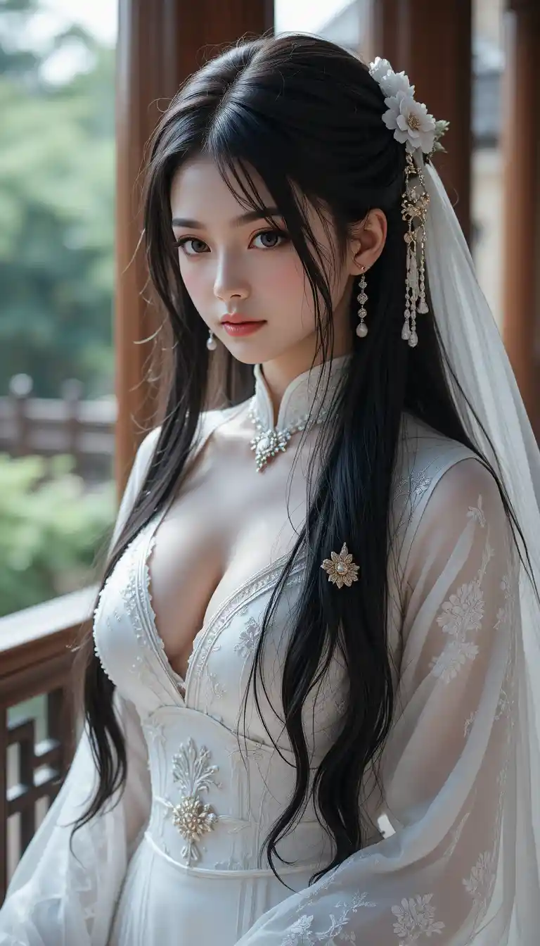 露台欄杆旁身穿白色洋裝的中國女孩