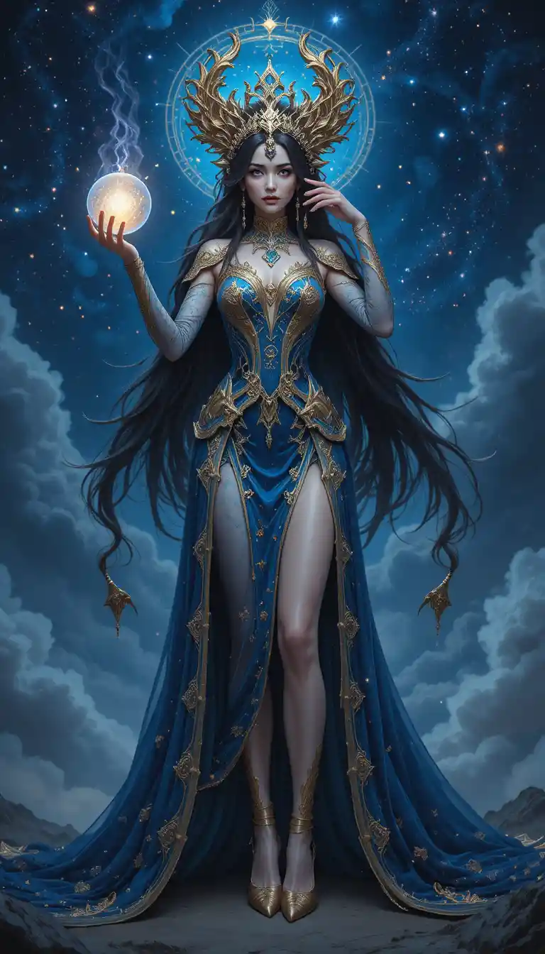 Elegante Fantasy-Frau hält nachts eine leuchtende Kugel