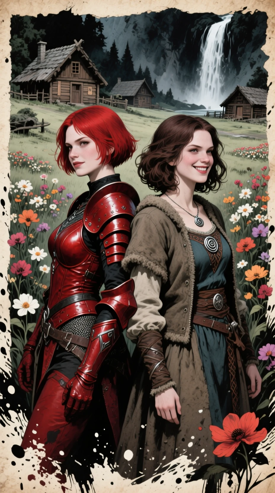 Two warrior women back to back in floral fantasy village