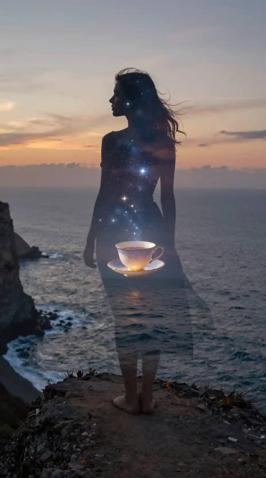 Donna su una scogliera che osserva un oceano romantico e da sogno