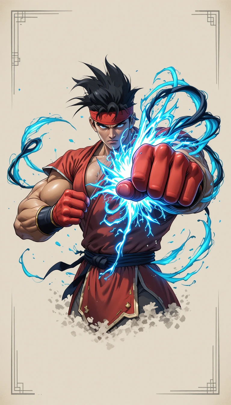 武術家在抽象空間中揮出藍色能量拳