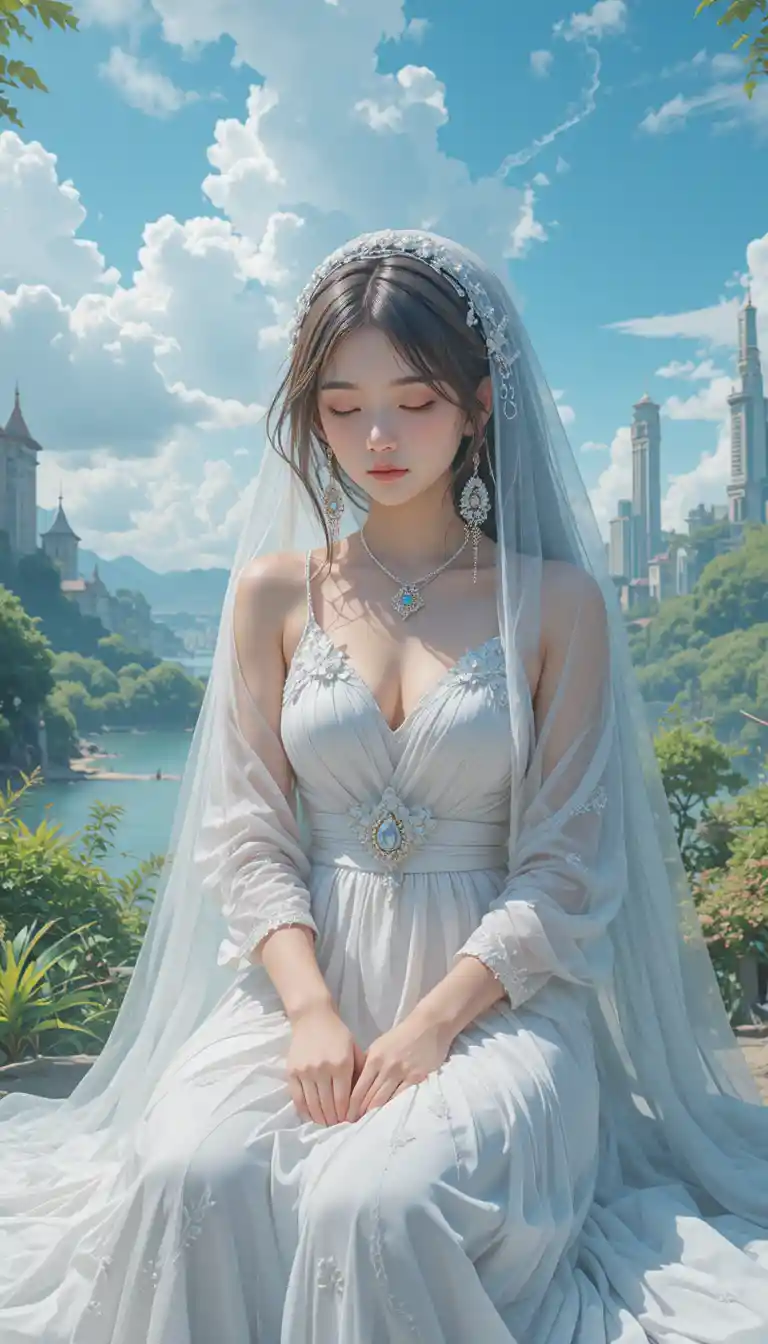 Anime girl in a dress sitting seiza under a bright sky