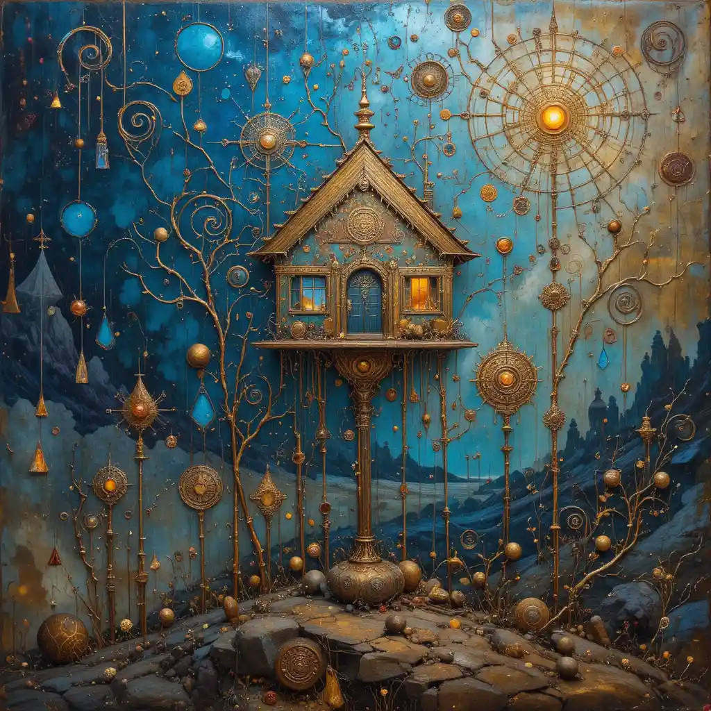 Surreales Haus auf zarten Stielen in sakraler geometrischer Landschaft