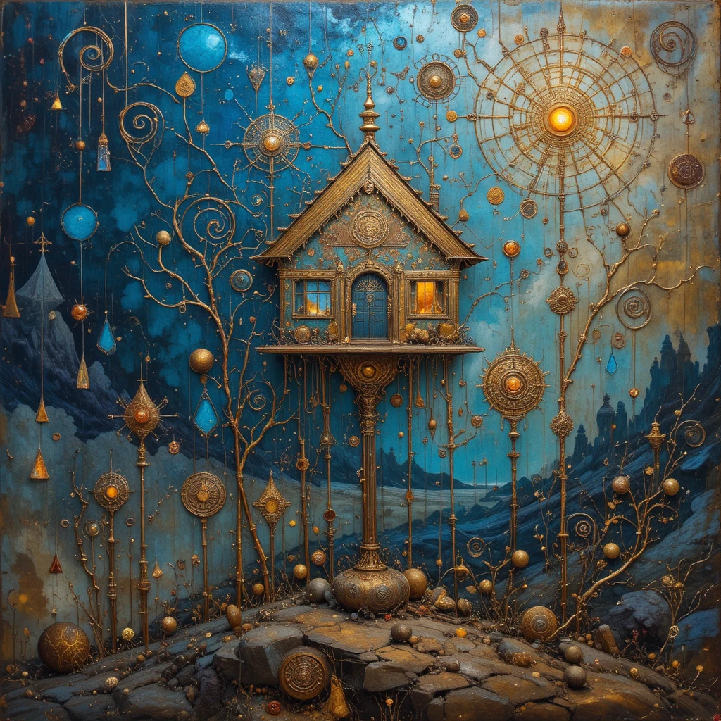 Surreales Haus auf zarten Stielen in sakraler geometrischer Landschaft