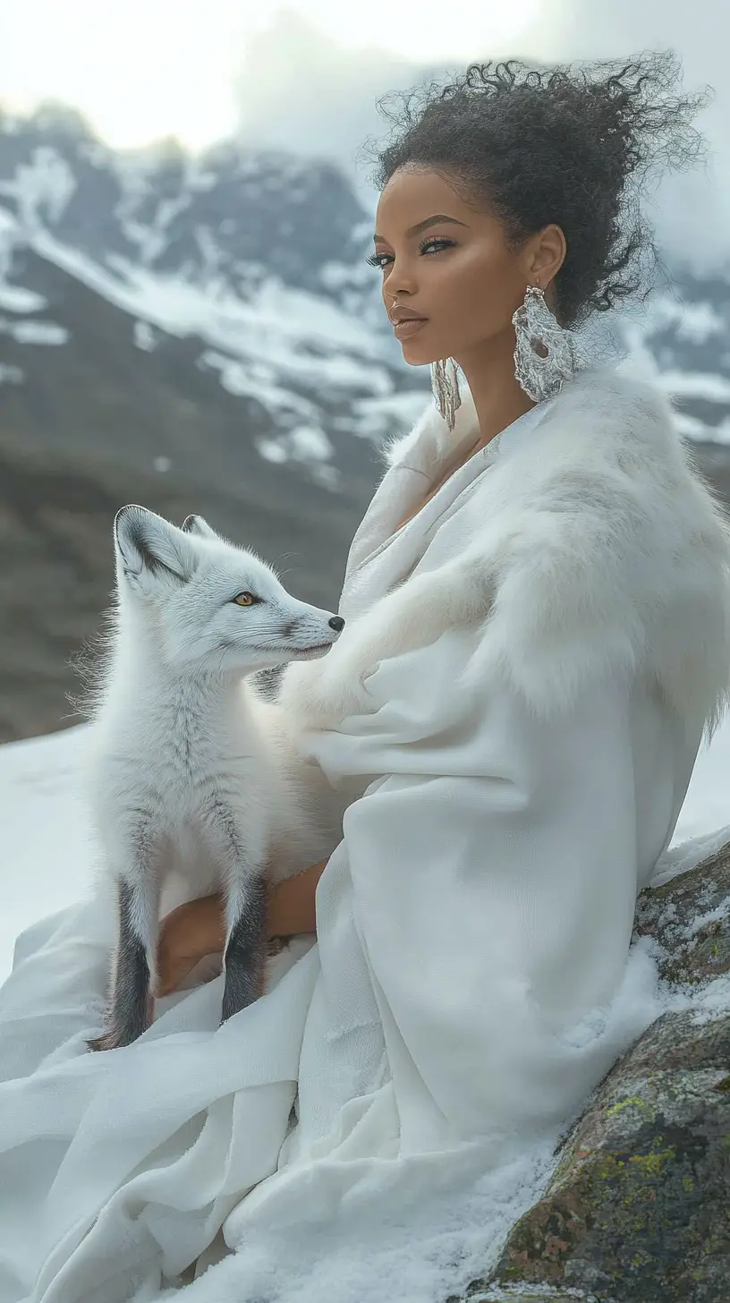 Rihanna as an oracle in snowy mountains with fireworks