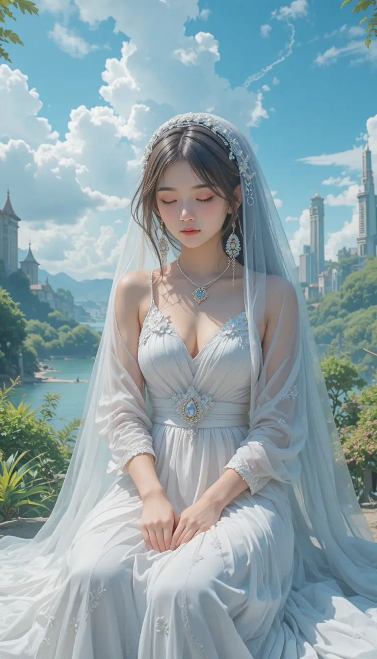 Anime girl in a dress sitting seiza under a bright sky