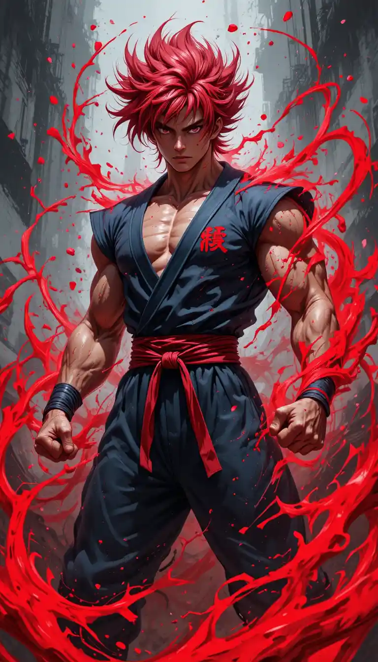 Red haired warrior unleashing swirling energy in action pose