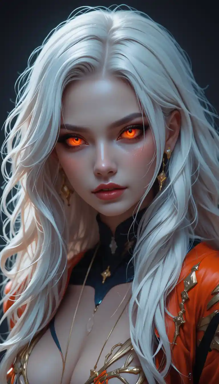 White haired anime woman with glowing red and orange eyes