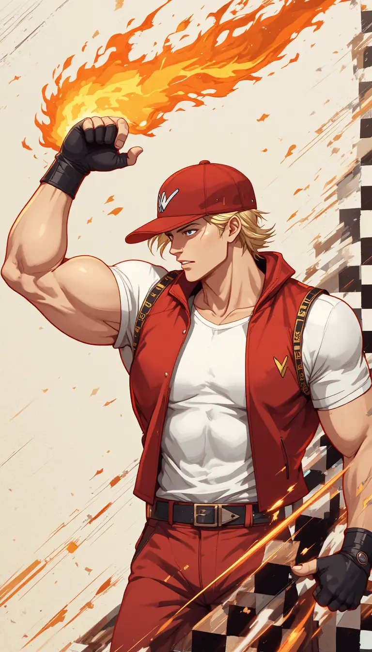 Muscular fighter with flaming arm in dynamic red outfit