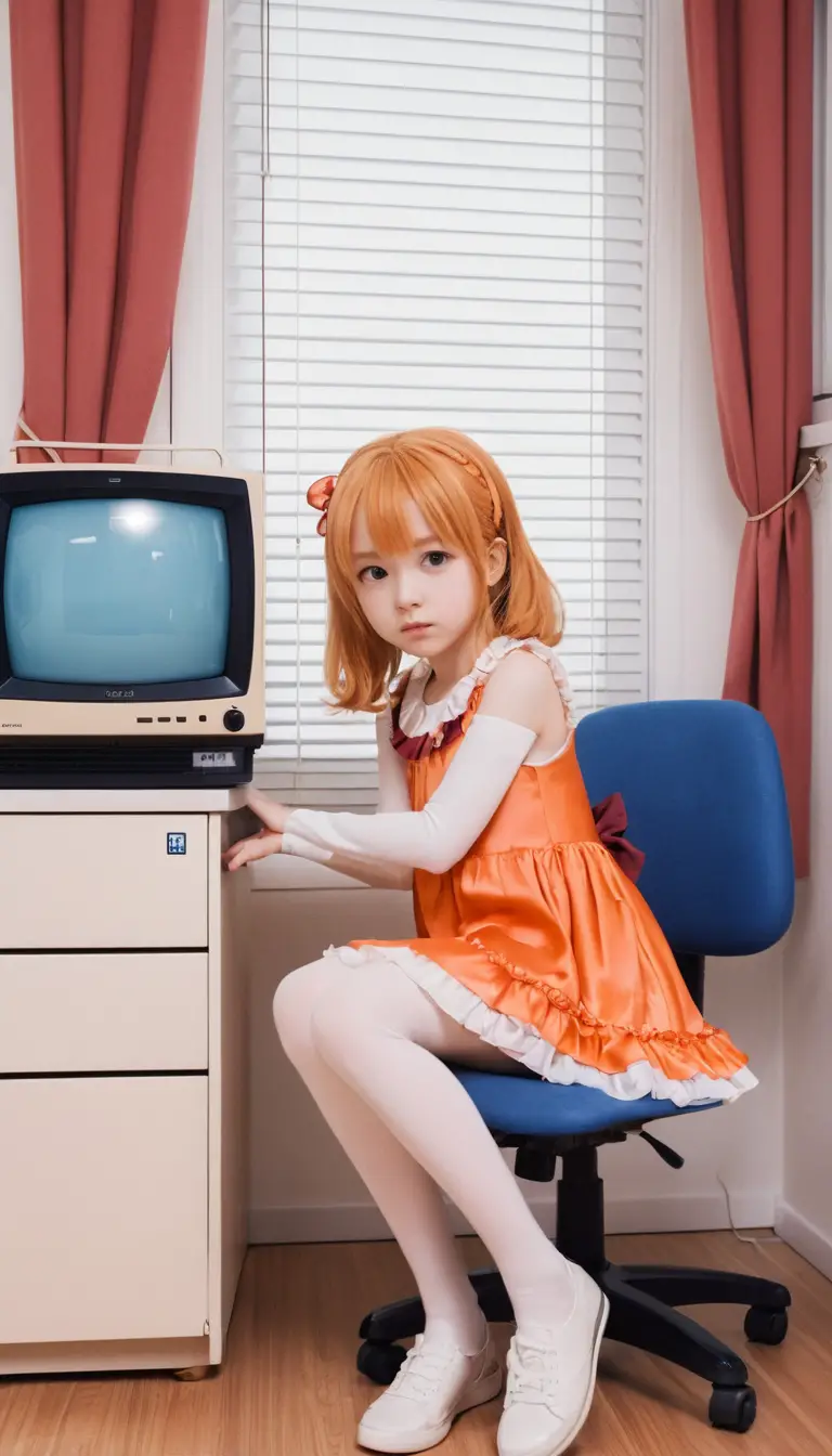 Anime girl sitting on scanner beside vintage computer window