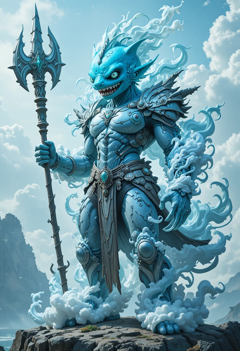雲之鎧甲的動畫鯊魚戰士在奇幻島嶼上