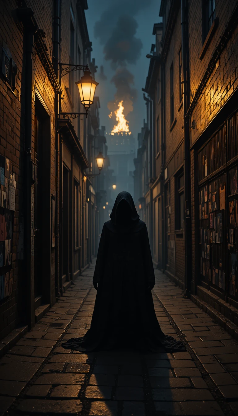 Terrified silhouette fleeing down a dark london alley